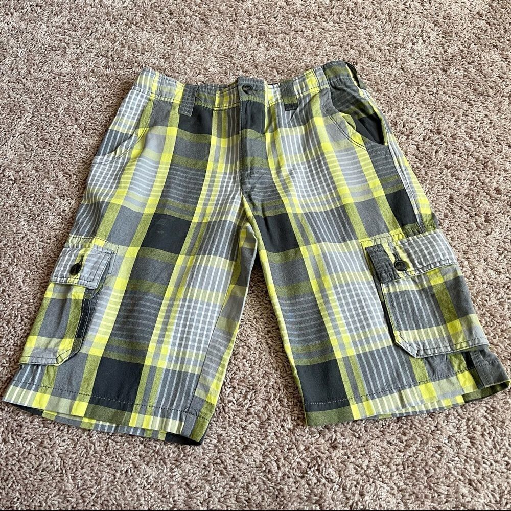 Arizona Jean Co Boys Plaid Cargo Shorts Yellow Gray Size 20